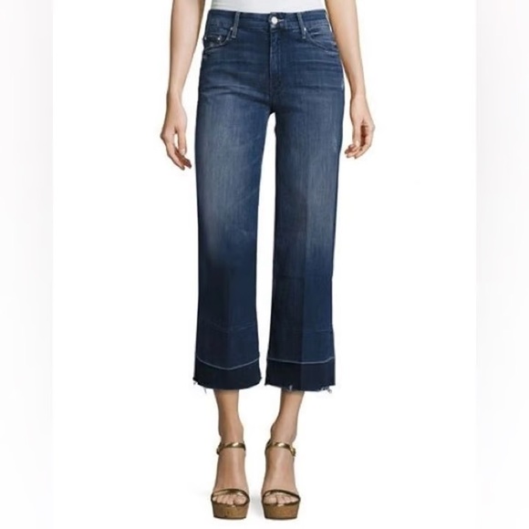 MOTHER Denim - MOTHER The Roller Crop Undone Hem Jeans Wide Leg Dark Graffiti Wash High Rise 27